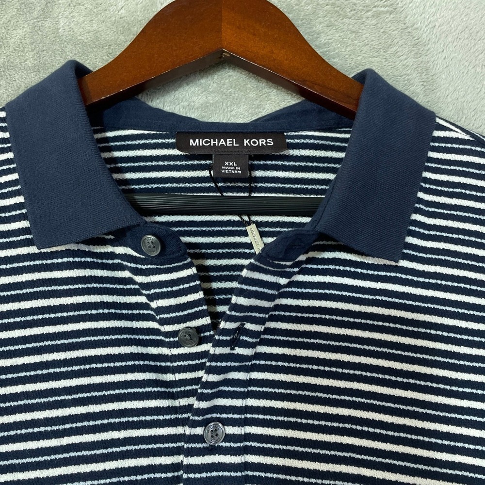NWOT Michael Kors Polo Shirt Men's XXL Blue Cotton Silk Blend Striped Casual - Picture 7 of 8